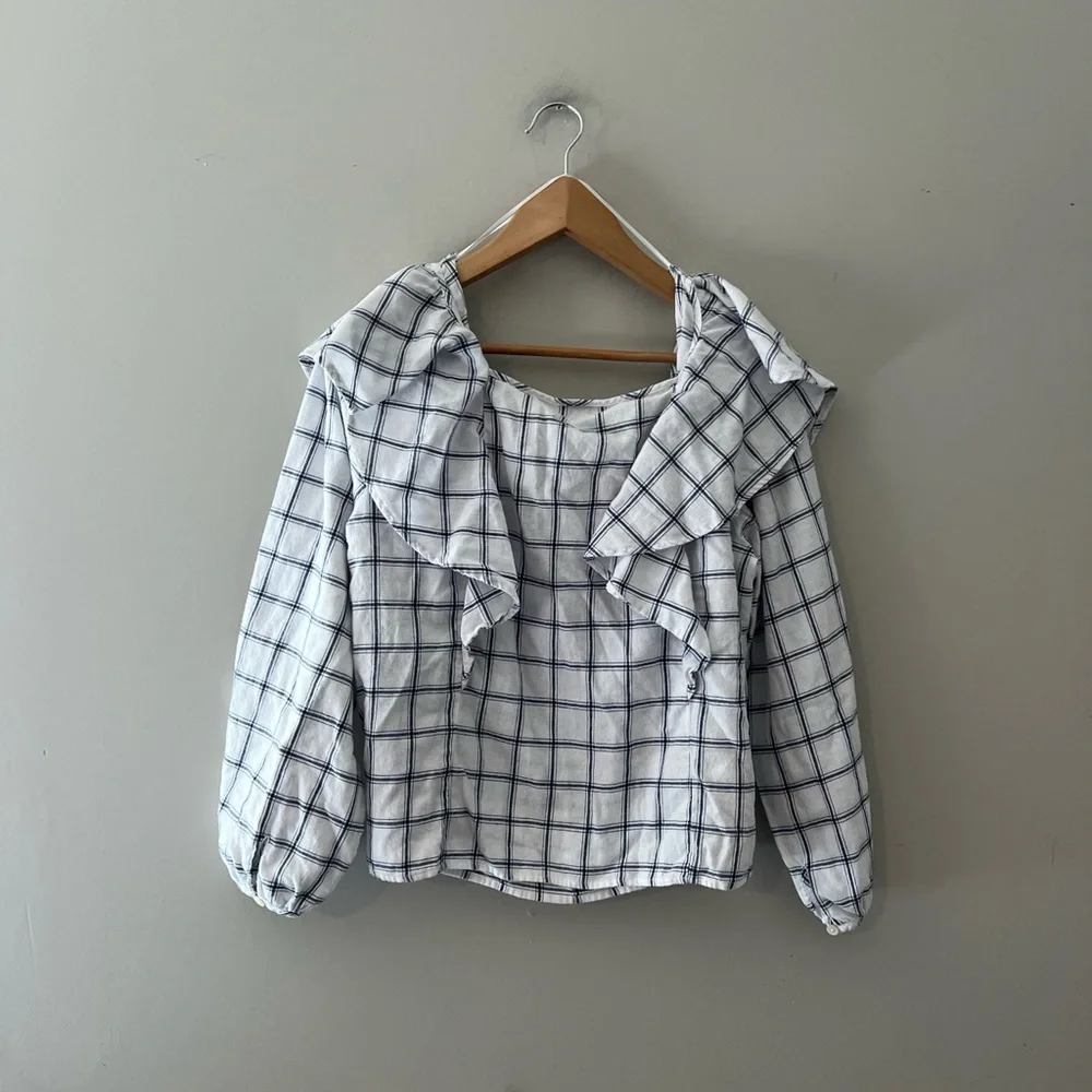 J. Crew‎ top Womens Top Size XL Plaid Flannel Ruffle Square Neck Puff Sleeve